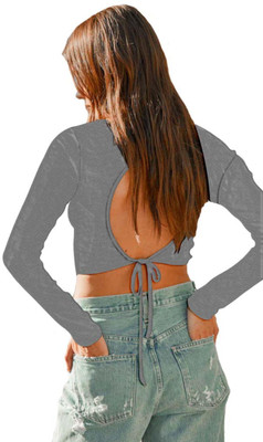 jovo Casual Self Design Women Grey Top