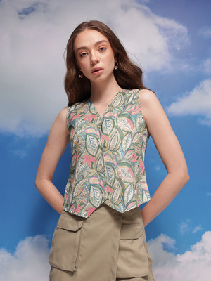 HouseOfCommon Party Printed Women Light Green Top