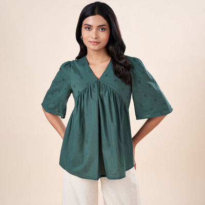 Akkriti by Pantaloons Casual Self Design Women Green Top