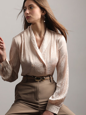 VERO MODA Casual Solid Women Beige Top