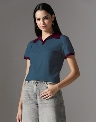 Selvia Solid Women Stylised Neck Blue T-Shirt