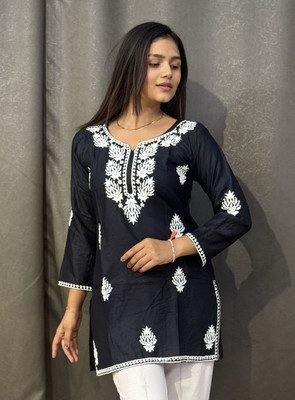 YNCREATION Casual Embroidered Women Black Top