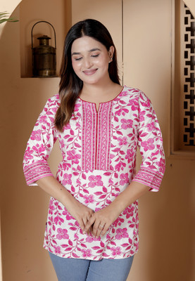 Koutons Women Floral Print, Printed A-line Kurta(White)
