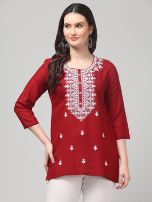 STYLE PREZONE Casual Embroidered Women Maroon Top