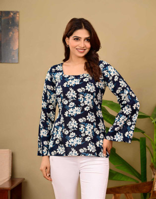 RAMGFABTEX Casual Floral Print Women Blue Top