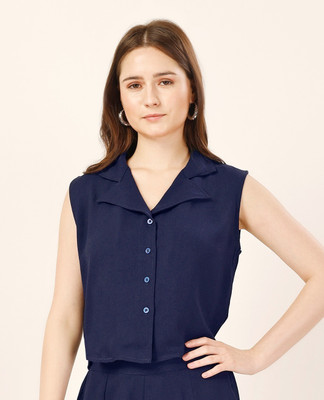 FashFun Casual 3/4 Sleeve Solid Women Dark Blue Top