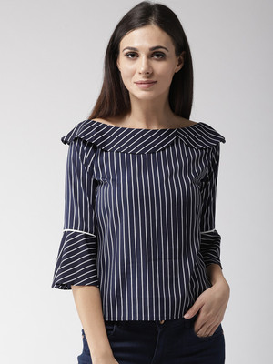 Style Quotient Casual Bell Sleeve Striped Women Blue Top