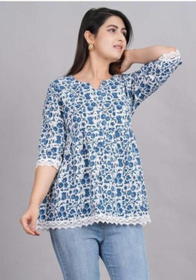 shri siddhi vinayak Formal Printed Women Light Blue, White Top