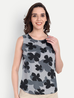 FairLeaf Casual Floral Print Women Grey Top