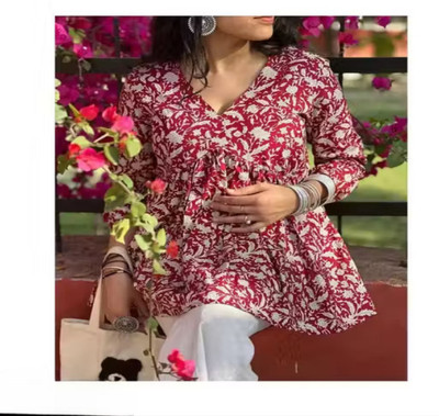nikku textiles Party Floral Print, Printed, Solid, Washed Women Red Top