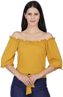 CLOTHINK India Casual Solid Women Yellow Top