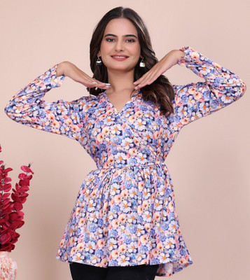 GLAM COUTURE Casual Printed Women Blue Top