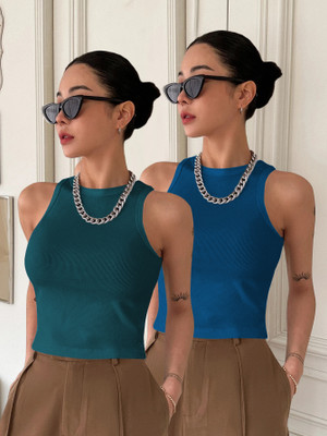 METRONAUT Casual Solid Women Dark Green, Blue Top