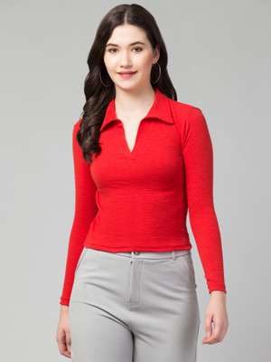 Alveen Empire Casual Solid Women Red Top