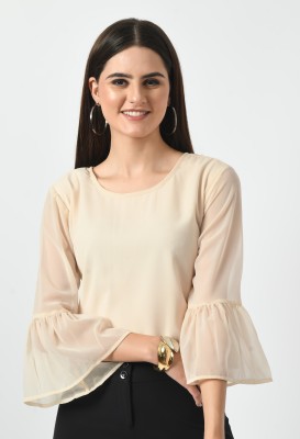 YAATEE FASHION Casual Solid Women Beige Top