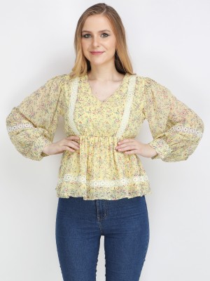 Jakanary Casual Floral Print Women Yellow Top