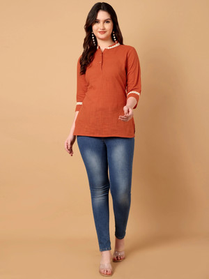 Azira Casual Solid Women Orange Top