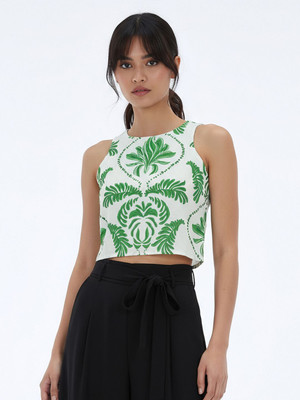 Glitchez Casual Printed Women White, Green Top