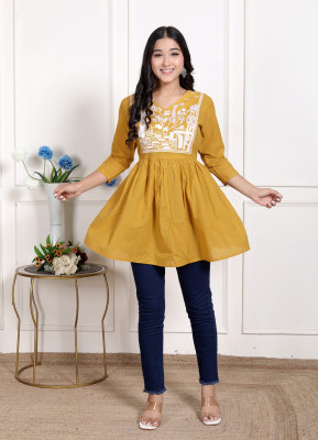 LUCKVIFASHION Casual Printed Women Yellow Top