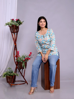 mezgown Casual Printed Women Blue, White, Light Blue Top