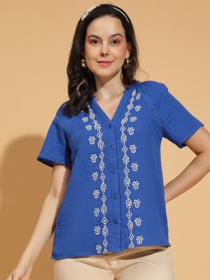 OXOLLOXO Casual Embroidered Women Blue Top