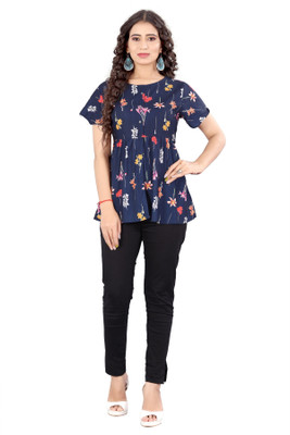 rujave Casual Floral Print Women Blue Top