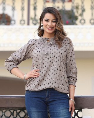 Pittra4ever Casual Printed Women Grey Top
