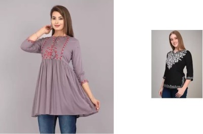 nagma Casual Embroidered Women Black, Grey Top