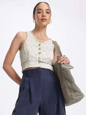 Glitchez Casual Graphic Print Women Grey, White Top