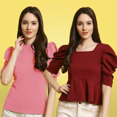 METRONAUT Casual Solid Women Pink, Maroon Top