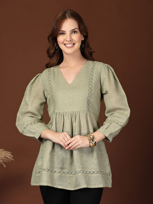 KATLINE Casual Self Design Women Light Green Top