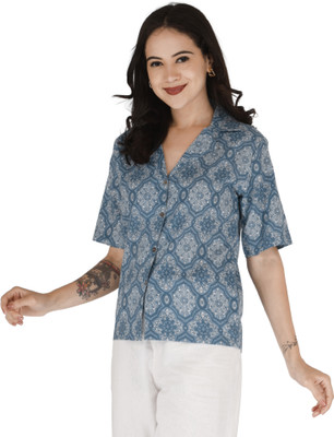 MESMERIICAL Casual Printed, Geometric Print, Ethnic Motifs Women Dark Blue Top
