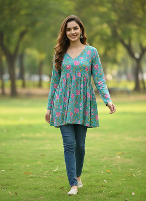 Desi Beats Casual Floral Print Women Blue Top