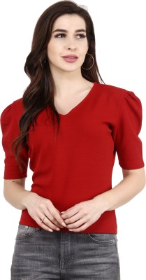 POPWINGS Casual Short Sleeve Solid Women Maroon Top