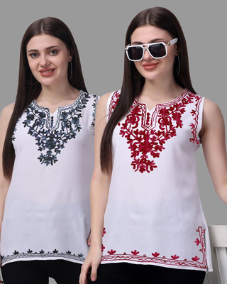 aakrushi Casual Embroidered Women Silver, Maroon Top