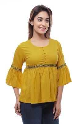 Silkova Casual 3/4 Sleeve Embroidered Women Yellow Top