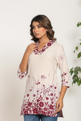 Jaipuri Bunaai Casual Solid, Self Design Women White, Maroon Top