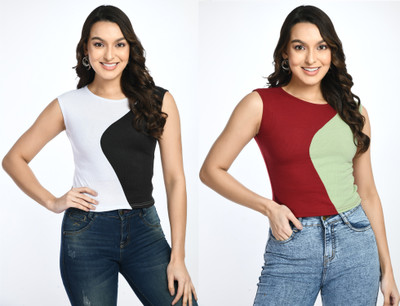 GLADLY Casual Color Block Women White, Maroon Top