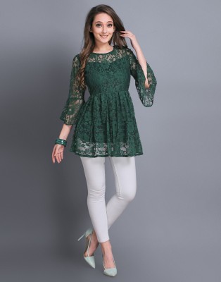 Threadhunter Casual Self Design Women Green Top