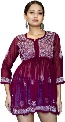 myplusfashion Casual Embroidered Women Maroon Top