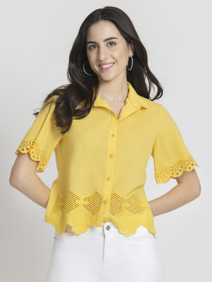 SHAYE Casual Embroidered Women Yellow Top