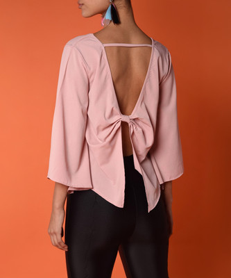 Chimpaaanzee Casual Bell Sleeve Solid Women Pink Top