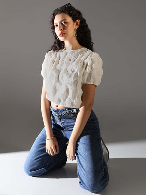 SHOWOFFFF Casual Self Design Women Beige Top