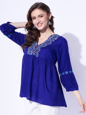 Pimu Casual Embroidered Women Dark Blue Top