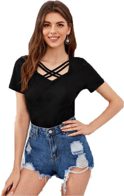 Styvibe Casual Half Sleeve Solid Women Black Top
