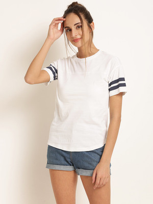 HARPA Colorblock Women Round Neck White T-Shirt