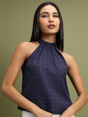 Tokyo Talkies Casual Self Design Women Dark Blue Top