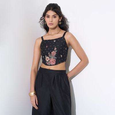 Akkriti by Pantaloons Casual Embroidered Women Black Top