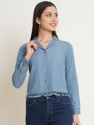 9 impression Casual Embroidered Women Blue Top