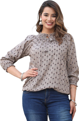 Pittra4ever Casual Printed Women Grey Top